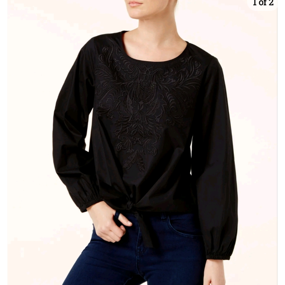 INC Embroidered Tie-Front Cotton Blouse Top Women's L Black Babydoll Preppy 90s